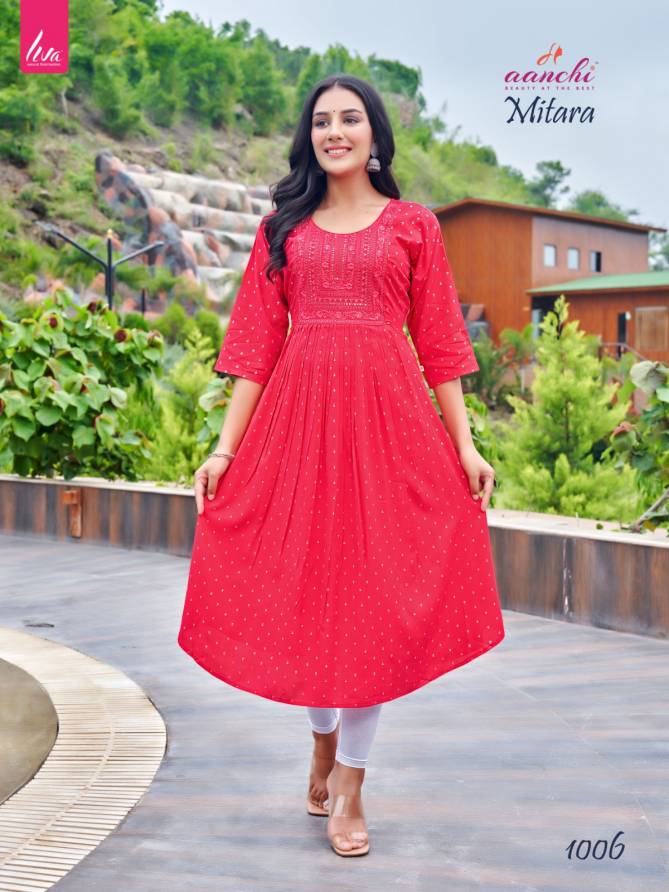 Mitara By Aanchi Rayon Embroidery Printed Kurtis Wholesale Market In Surat
